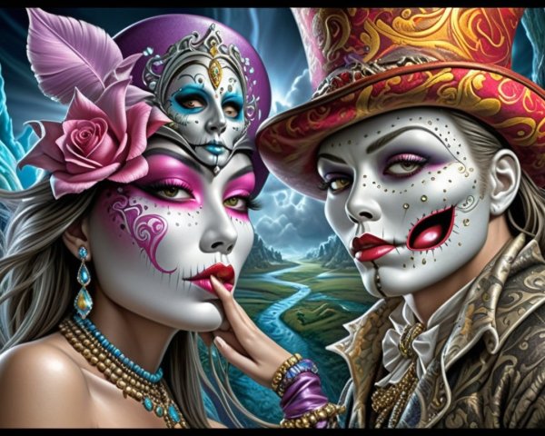 Elegantly Dressed Figures with Día de los Muertos Face Paint