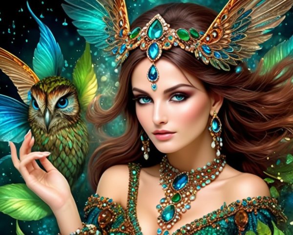Woman in Emerald and Sapphire Jewelry with Owl