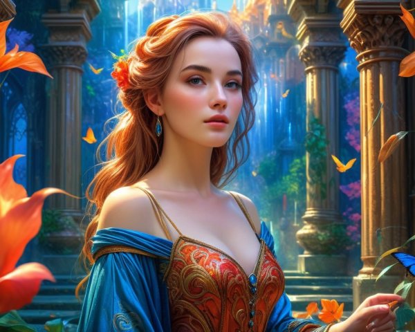 Enchanted garden scene with a woman in vibrant dress
