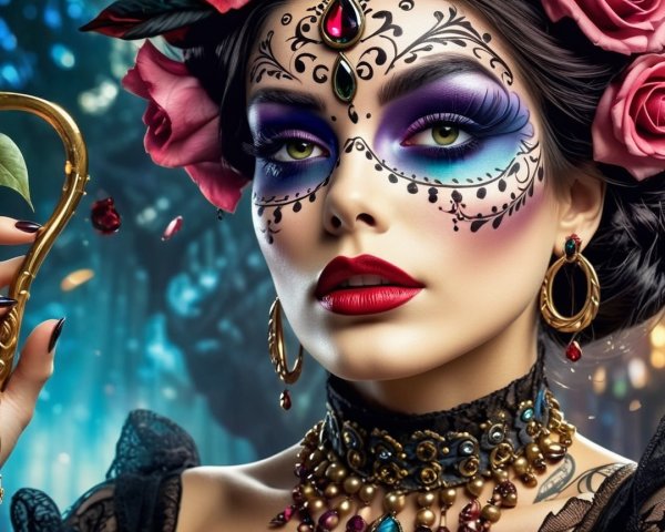 Vibrant Makeup and Sugar Skull Design in Forest Setting