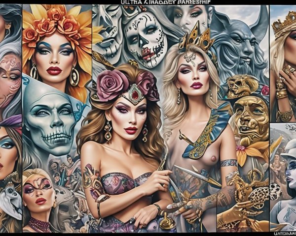 Vibrant Collage of Characters with Intricate Costumes