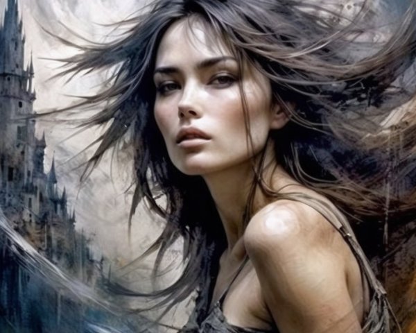 Portrait of a Woman with Flowing Hair and Castle Background