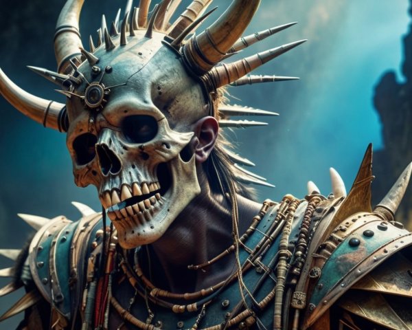 Fierce warrior in elaborate skull-themed armor