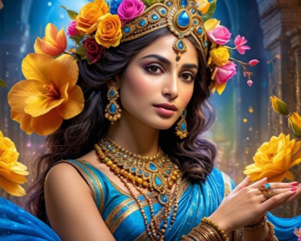 Adorned Woman in Blue with Golden Jewelry and Flowers