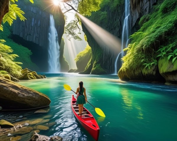 Lone Kayaker in Vibrant Red Kayak on Turquoise Waters