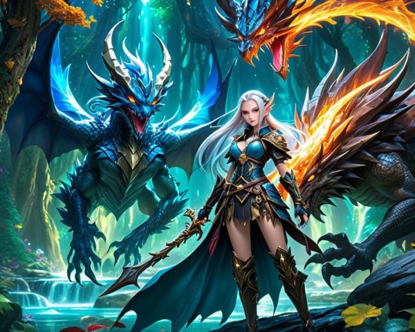 Elven Warrior with Dragons in Fantasy Forest Scene