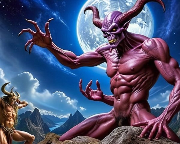 Muscular purple demon on rocky outcrop with moon