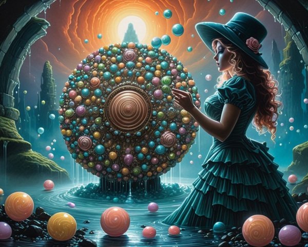 Surreal Landscape with Woman in Teal Dress and Orb
