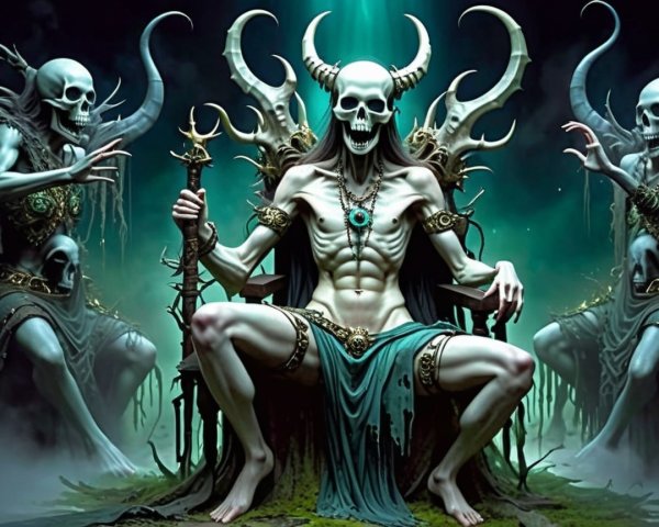 Menacing Figure on Dark Throne in Eerie Fantasy Setting