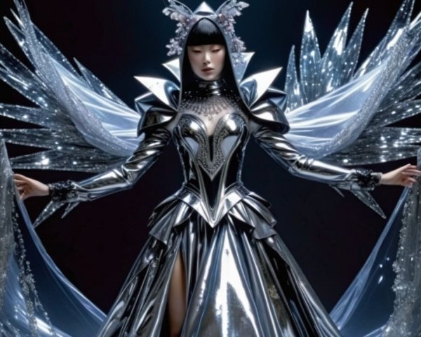 Extravagant silver gown with metallic wings and details