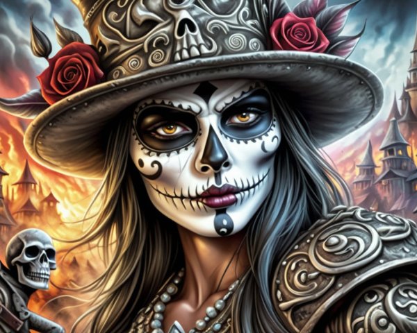 Elaborate Attire with Sugar Skull Makeup and Castles