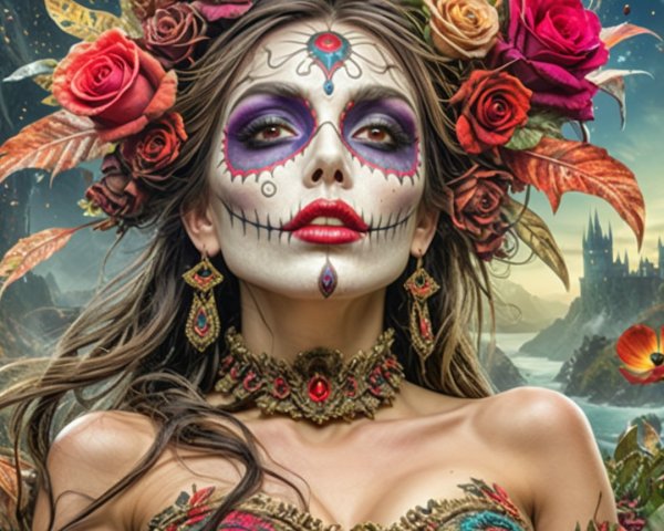 Woman with Sugar Skull Face Paint and Floral Hair