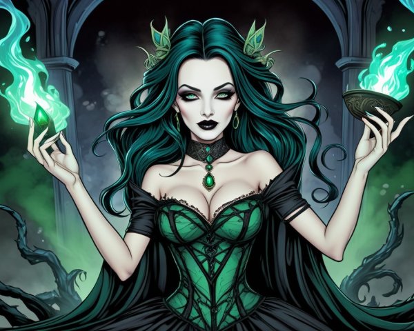 Mystical sorceress in emerald gown with green flames