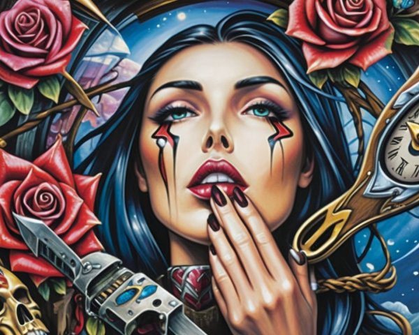 Tattoo-Inspired Artwork of Woman with Blue Hair