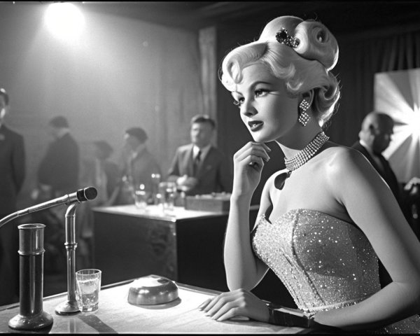 Glamorous Woman in Vintage Dress at Microphone