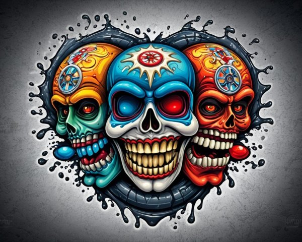 Stylized skulls with vibrant colors and decorative elements