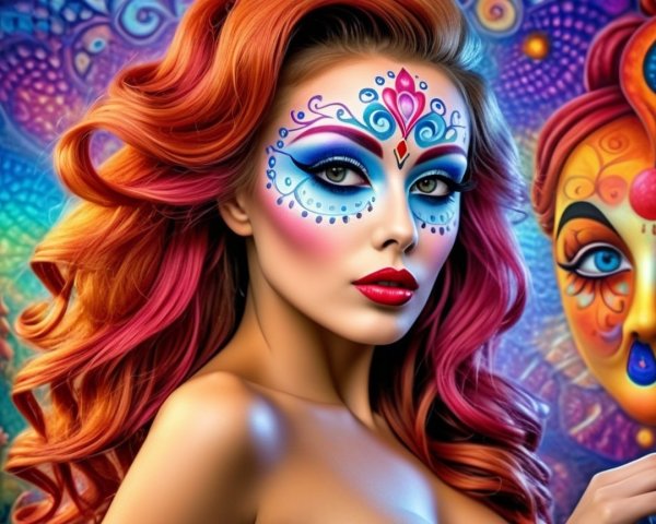 Portrait of a Woman with Colorful Face Paint and Curls