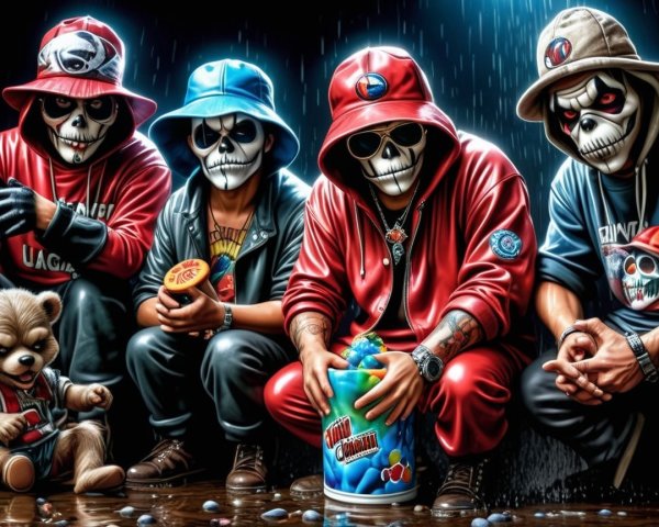 Colorful Hooded Figures with Skull Masks in Urban Setting