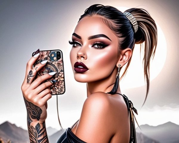 Young woman with tattoos and phone in scenic setting