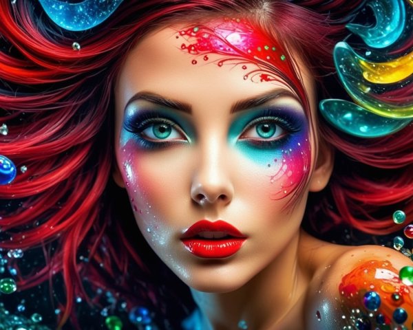 Portrait of a woman with red hair and colorful makeup