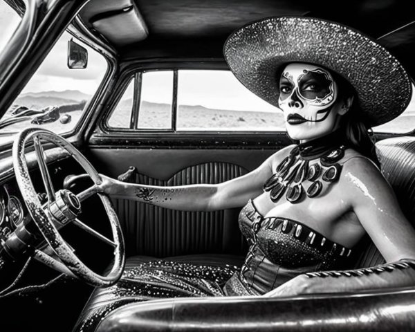 Black and white image of woman in vintage car for Día de los Muertos