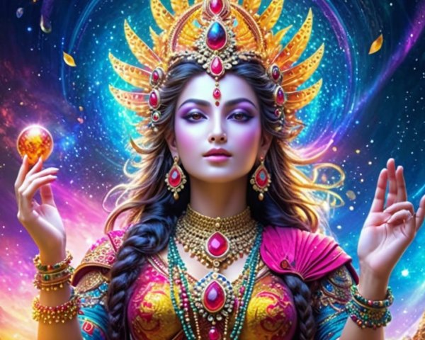 Majestic figure in vibrant traditional attire with orb