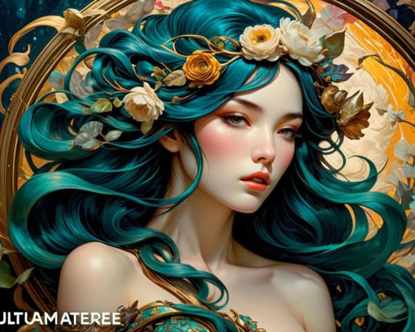Young woman with teal hair and floral adornments