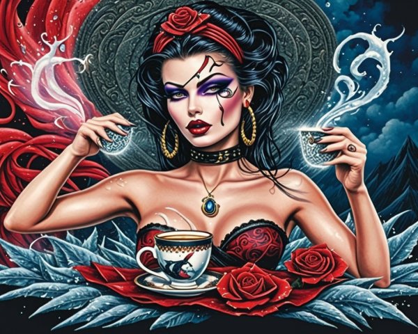 Dramatic Woman with Teacups and Mystical Backdrop