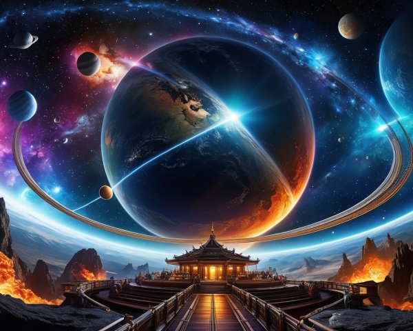 Vibrant Planet with Rings and Ornate Temple in Space