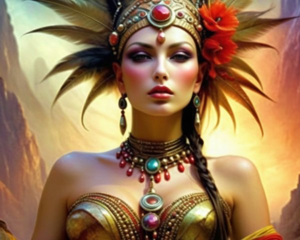 Vibrant Tribal Attire with Intricate Jewelry and Headdress