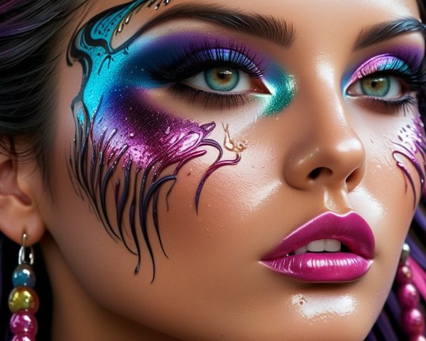 Vibrant Makeup Portrait with Colorful Designs and Hair
