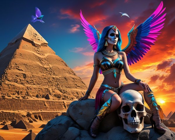 Mystical Woman with Wings by Pyramids at Sunset