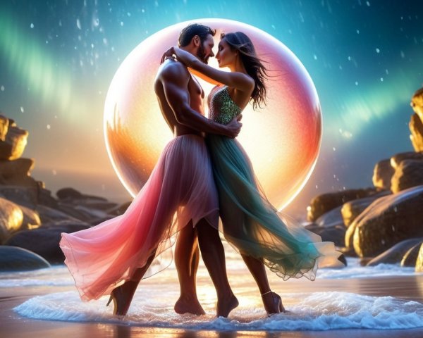 Couple Embracing on a Serene Beach at Sunset