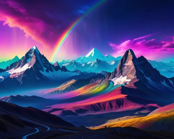 Majestic Mountain Landscape with Vibrant Sky and Rainbow