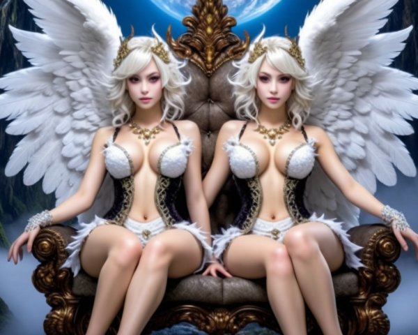 Ethereal Figures with Wings on Ornate Throne