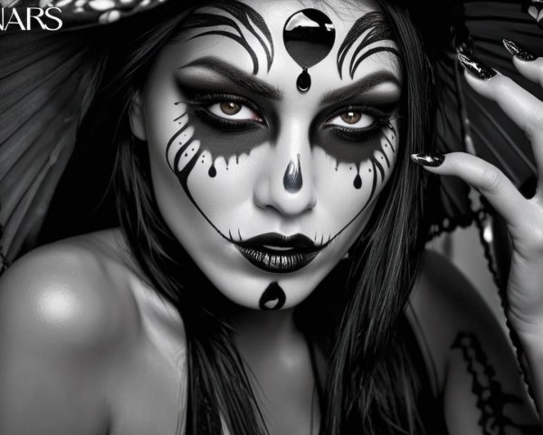 Black-and-White Portrait of a Woman with Dramatic Makeup