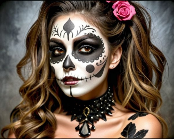 Vibrant Día de los Muertos Portrait with Floral Elements