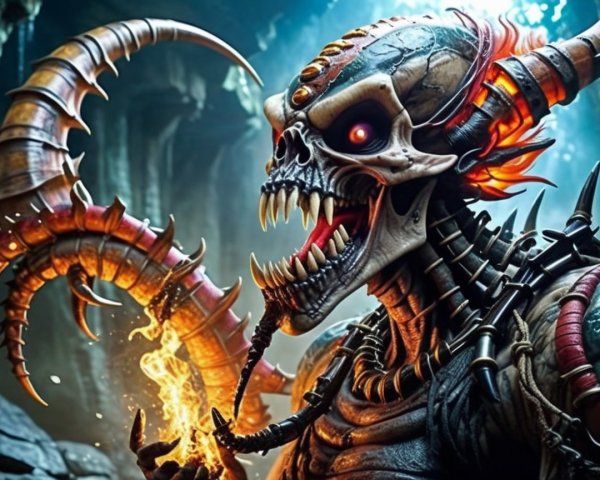 Demon with Skull Head and Fiery Orb in Cavern