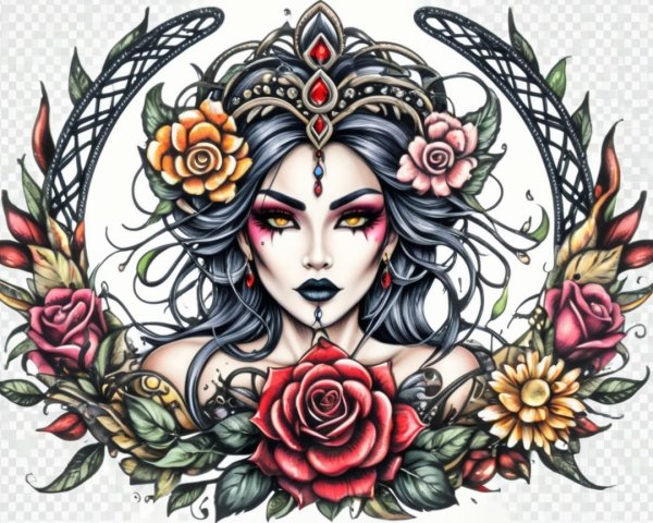 Striking Woman with Black Hair and Floral Elements