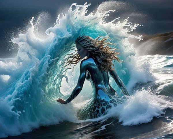 Mystical Figure in Dramatic Ocean Scene with Waves