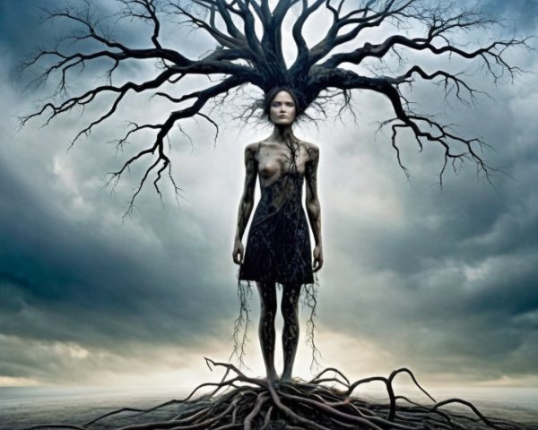 Surreal Figure in a Desolate Landscape with Nature Themes