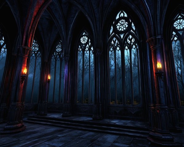 Gothic Interior with Arched Windows and Eerie Atmosphere