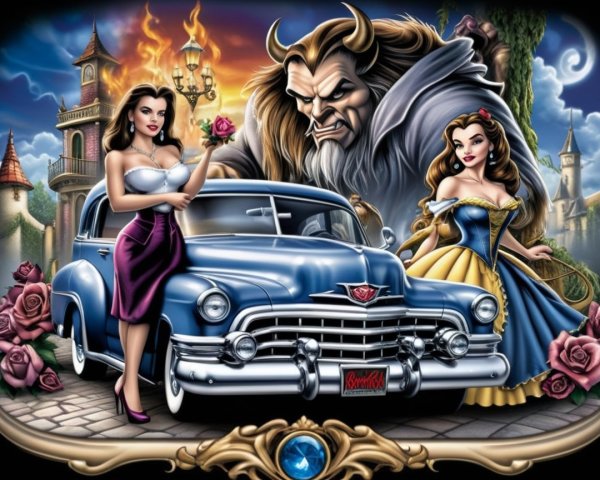 Vintage Blue Car in Fairy-Tale Setting with Characters