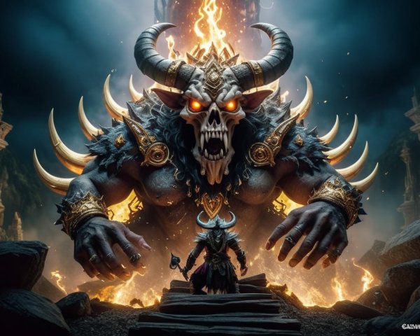 Colossal Horned Demon in Fiery Landscape Scene