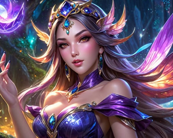 Majestic fairy in purple with delicate wings in forest