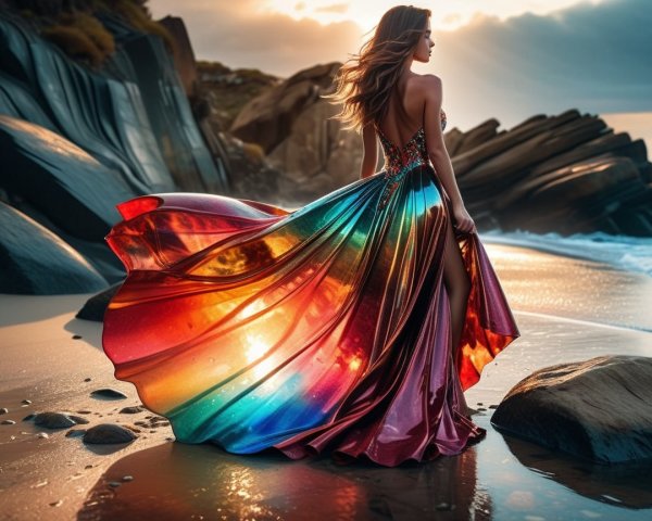 Model in Vibrant Rainbow Gown on Beach at Sunset