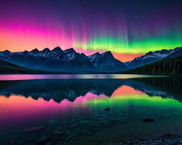 Mountain Range Under Vibrant Aurora Borealis Display