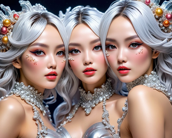 Three identical figures with silvery hair and pearls