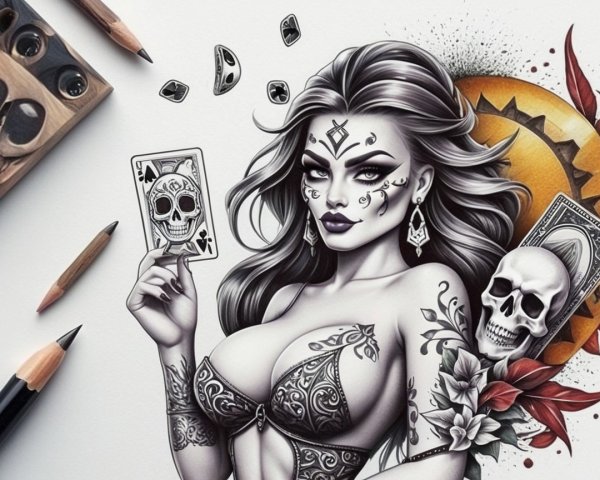 Intricate Gothic Illustration of a Woman with Card