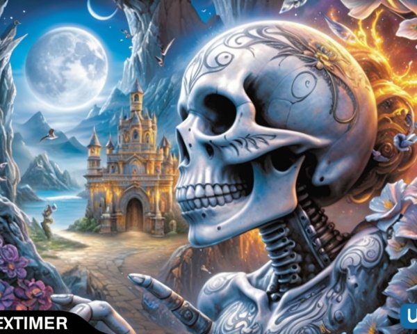 Intricate Skeleton with Floral Elements and Castle Background
